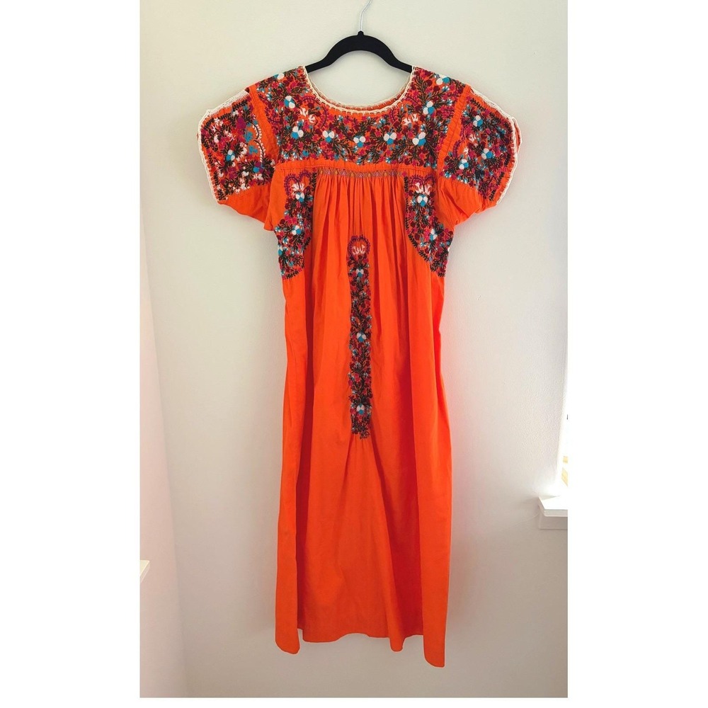 Vintage 70s Mexican Oaxacan Orange Embroidered Dress S/M Boho Folk Floral Midi - Picture 3 of 4